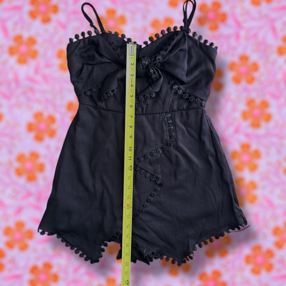 Black Pom-Pom Trim Spaghetti Strap Romper - Picture 8 of 9